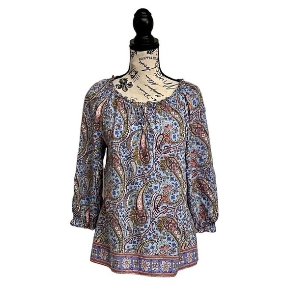 Talbots GARDEN PAISLEY TIE NECK TOP Womens' XS Blue Willow  peasant Boho - Picture 2 of 9